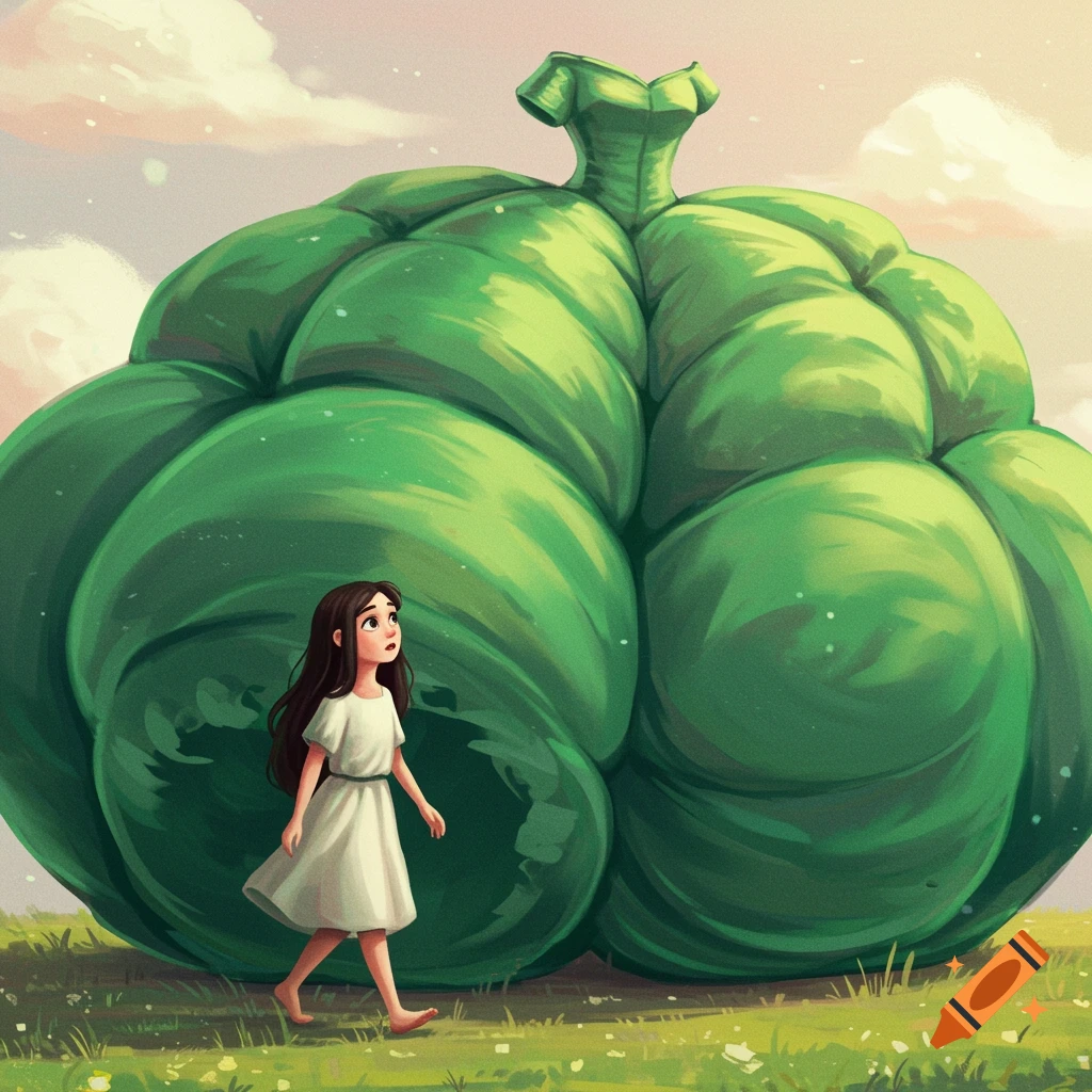 A young girl looks up at a giant green puffy dress in a field. Whimsical.