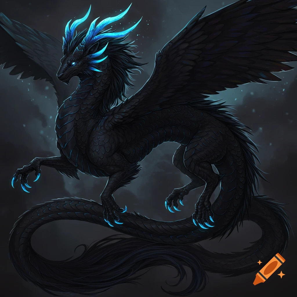 A black dragon with glowing blue horns, claws, tail, and wings against a dark background.