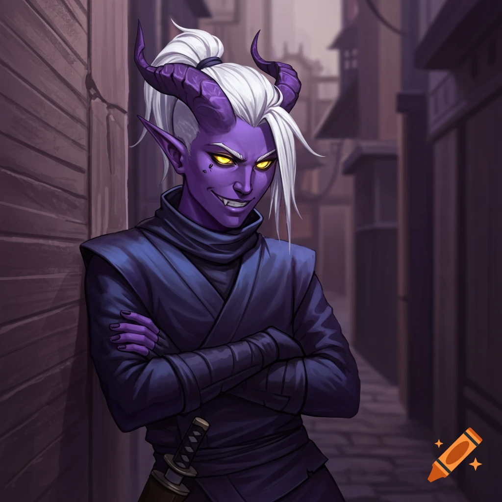A purple-skinned tiefling ninja with white hair and glowing yellow eyes leans against a wall in an alley.