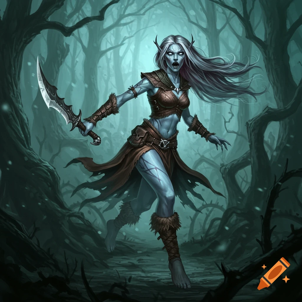 A grey-skinned female creature with white hair and glowing eyes, wearing leather armor, running through a dark forest with a sword.