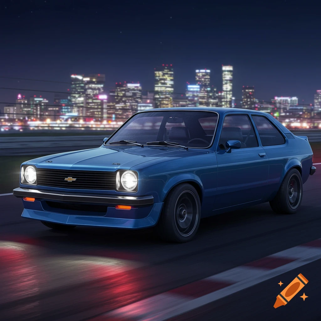 Blue Chevrolet Chevette driving on a track at night with a city skyline in the background.