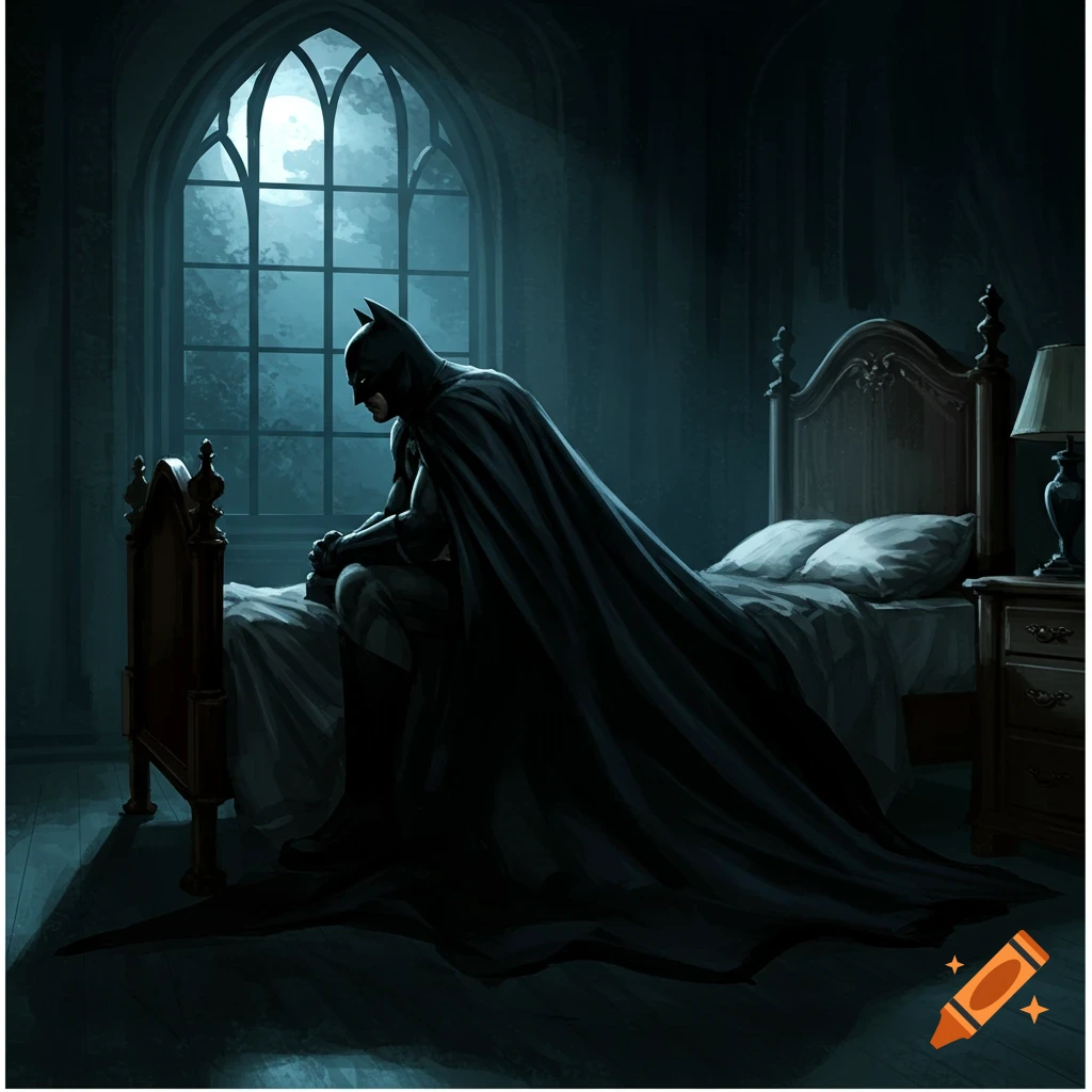 Batman is sitting at the end of a bed in a dark room, looking out a large gothic window at a full moon.