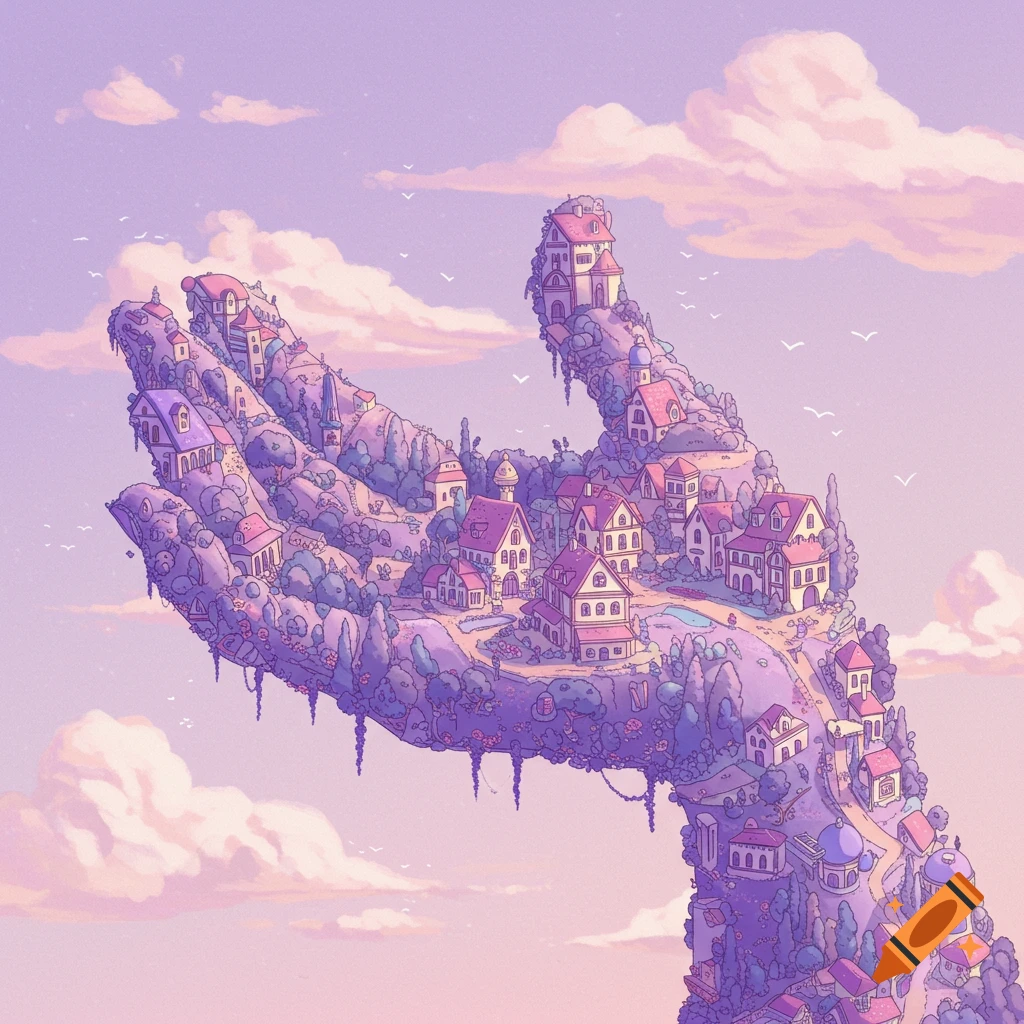 Illustrated fantasy landscape showing a small town built on a giant hand floating in a purple sky with clouds.