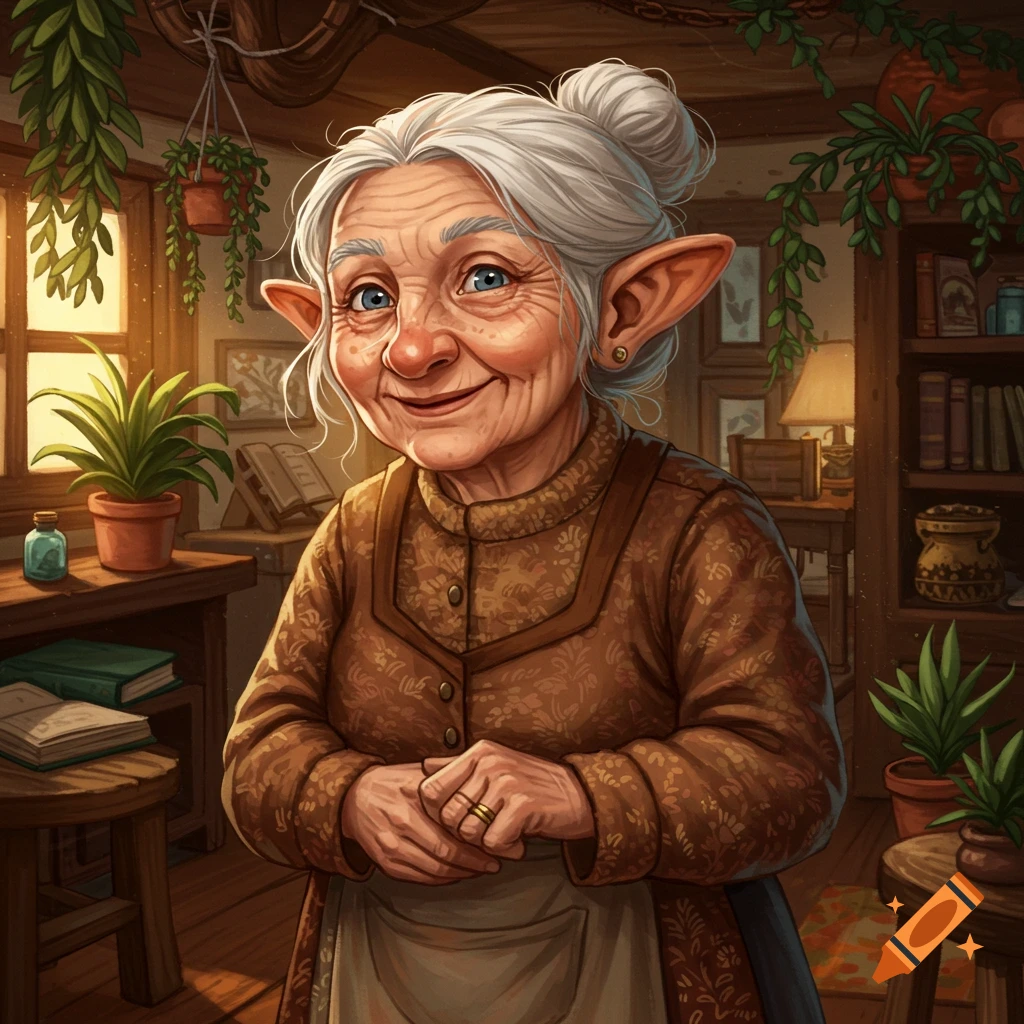 An old woman with pointed ears smiles in a cozy room filled with plants and books.