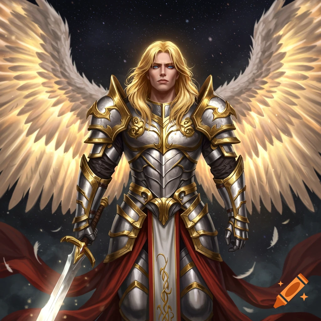 Angel warrior man with long blonde hair, ornate armor, large wings, and a sword.