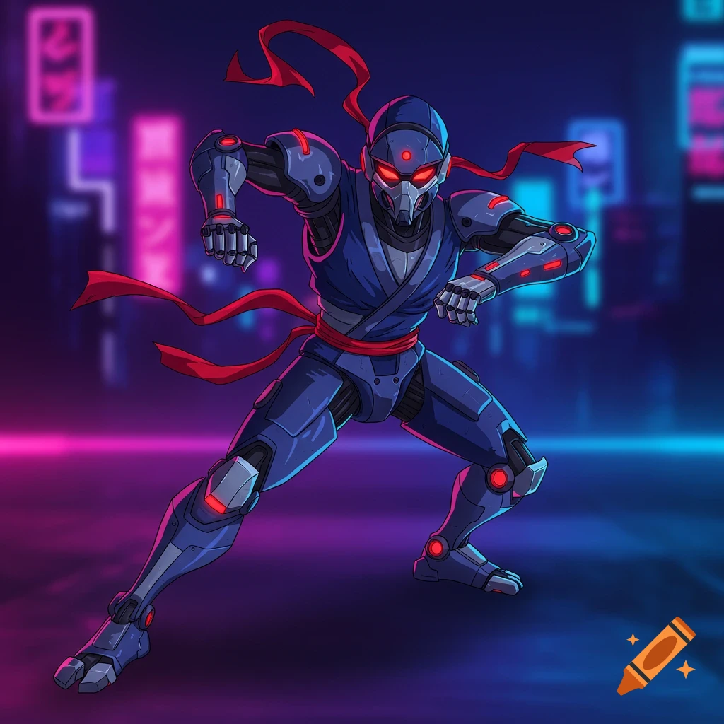 A blue robot ninja with red sashes poses in a neon-lit cyberpunk city background, in an anime style.