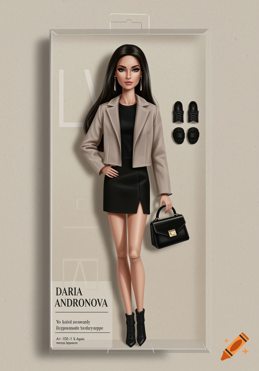 A fashion doll in a box wearing a skirt suit, with extra shoes.