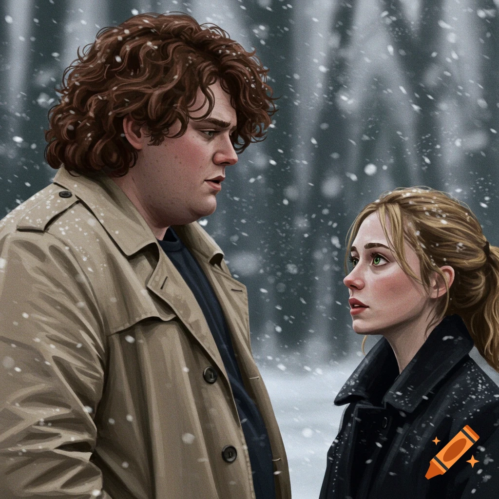 A man and woman looking at each other in the snow