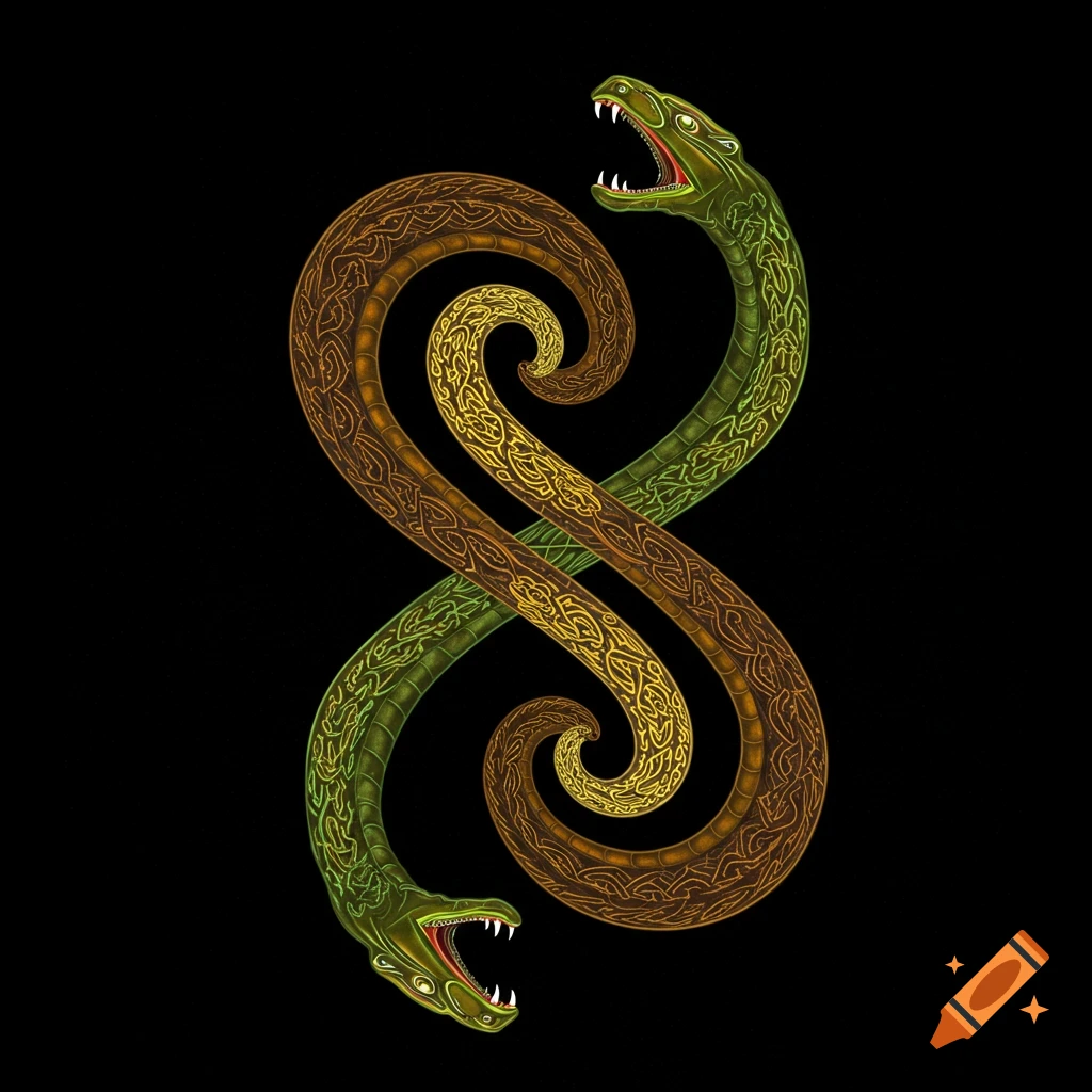 Two green and brown serpentine figures entwined in an 'S' shape with intricate celtic patterns on a black background.