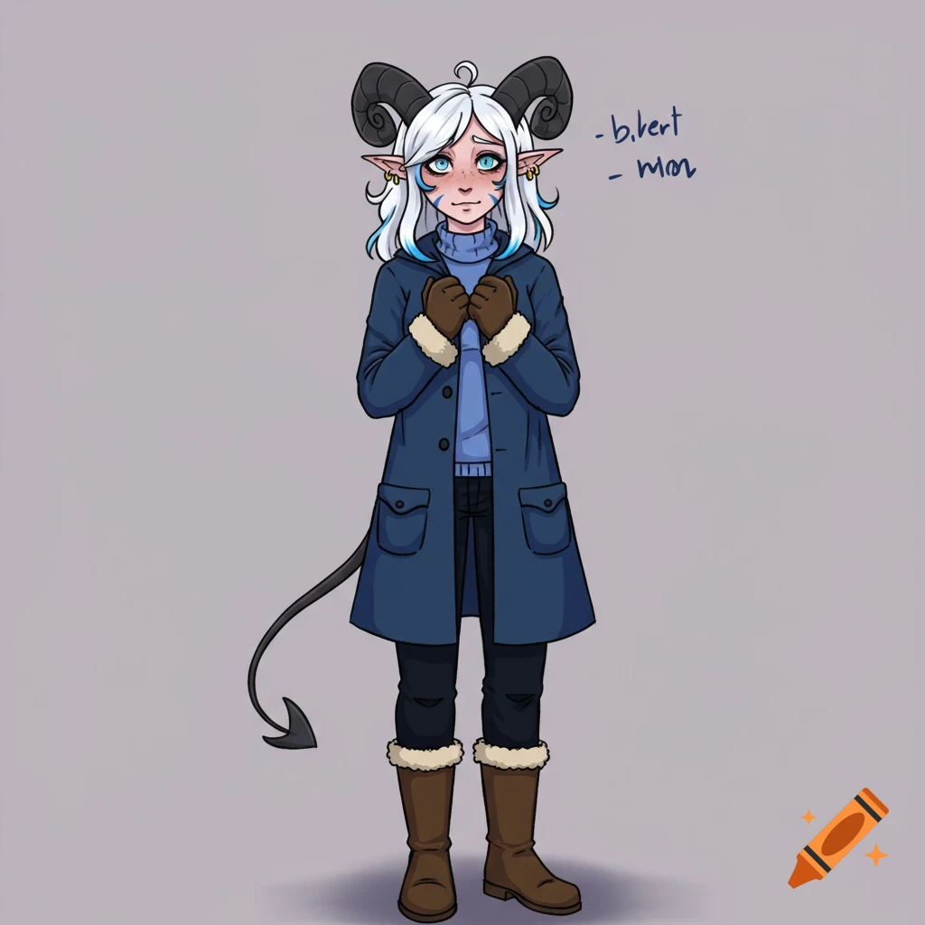 Illustration of a fantasy character with horns, tail, white hair, wearing a blue coat and boots.