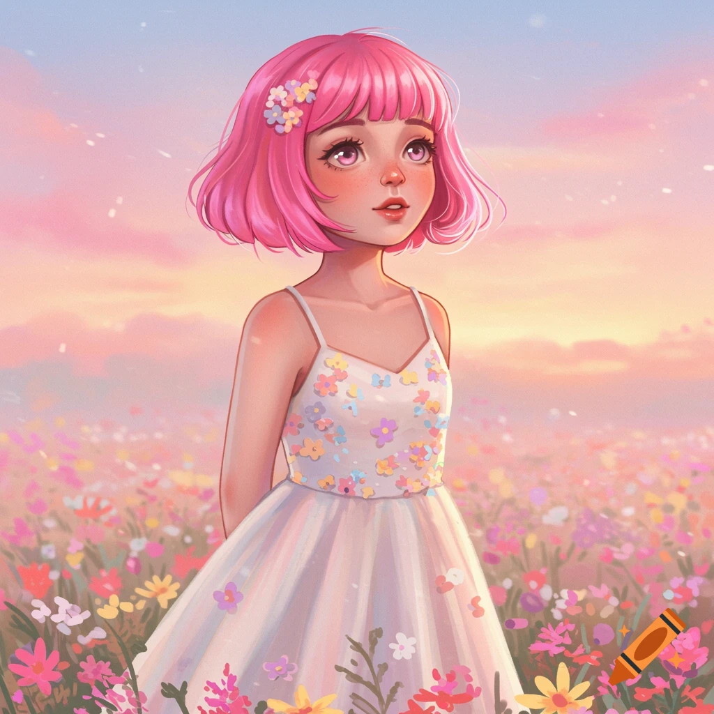 Anime girl with pink hair in a field of flowers at sunset