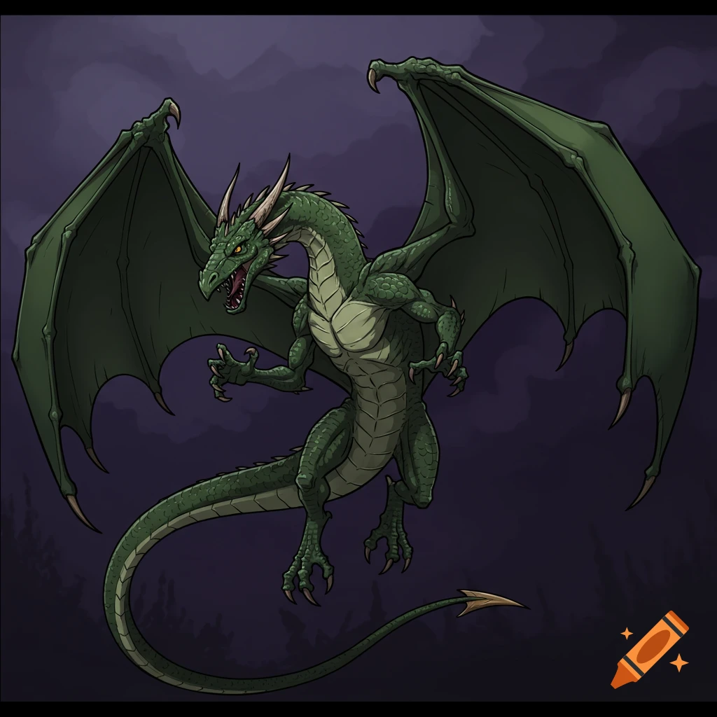 Green wyvern flying against a cloudy dark sky.