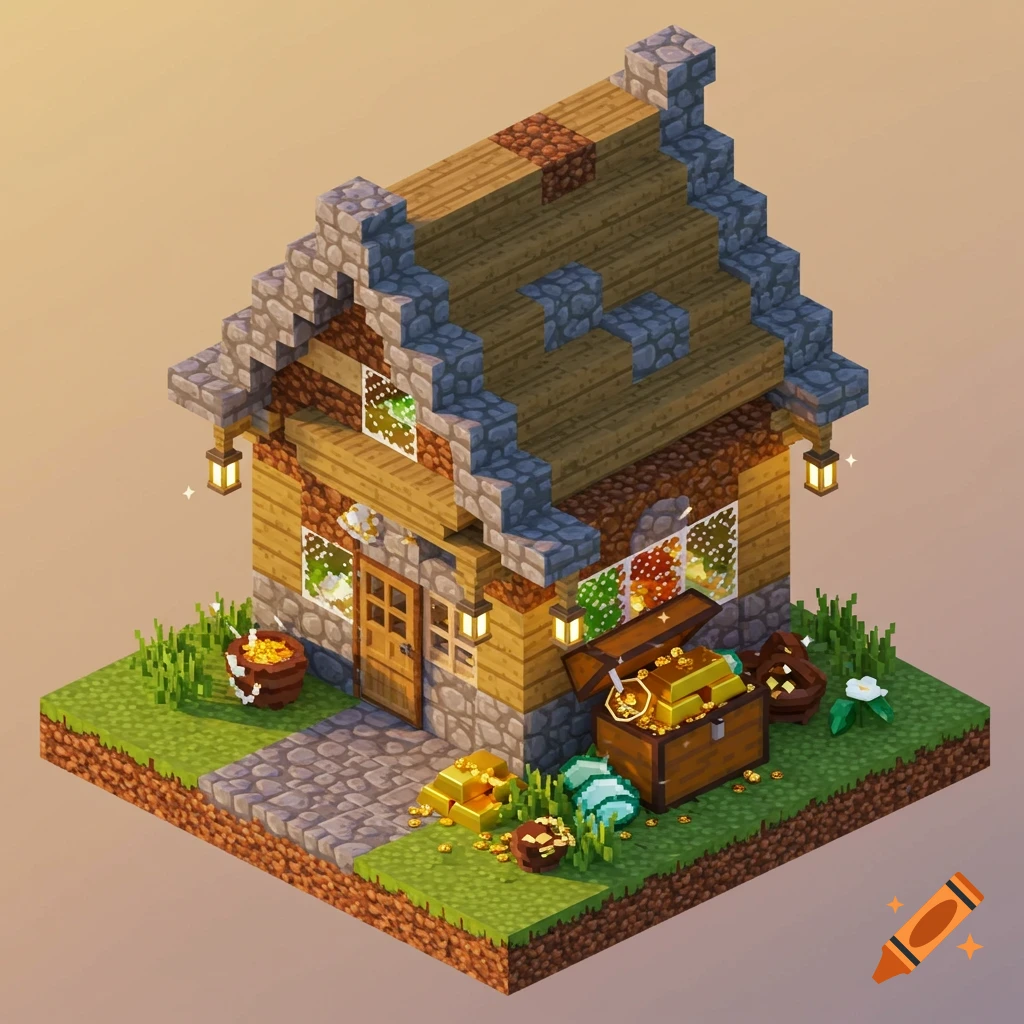 A blocky Minecraft-style house with a cobblestone path, surrounded by treasure chests, gold bars, and diamonds on grass.