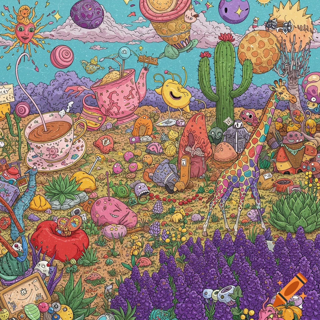 A vibrant, detailed surreal digital illustration of a chaotic landscape filled with whimsical creatures, giant objects, and strange plants.