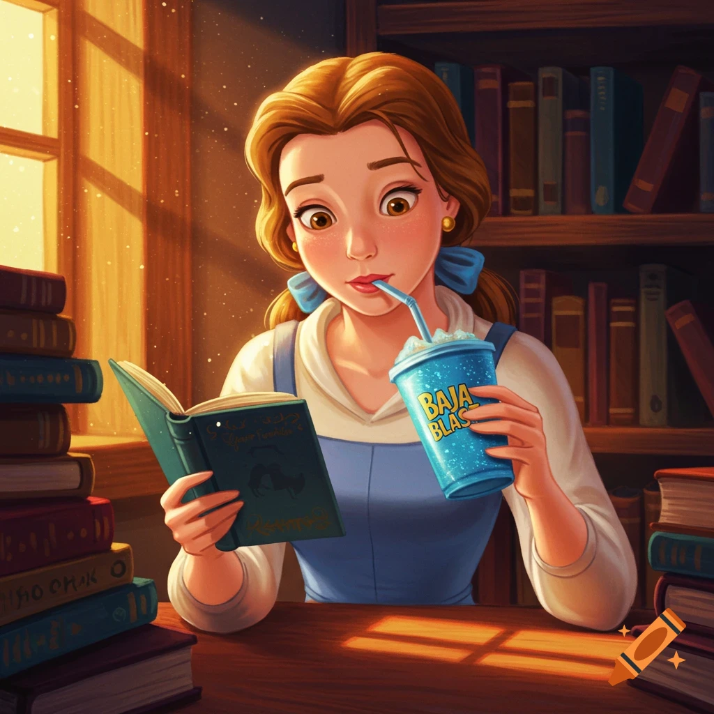 Belle from Beauty and the Beast reading a book and drinking a Baja Blast in a library.