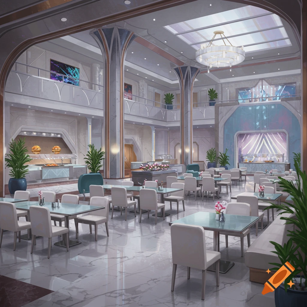 A large, elegant cafeteria with high ceilings, marble floors, white tables, and plants.