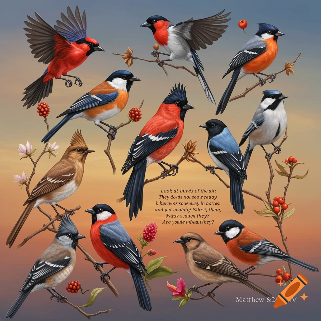 A detailed depiction of various colorful birds perched on branches with flowers and berries.