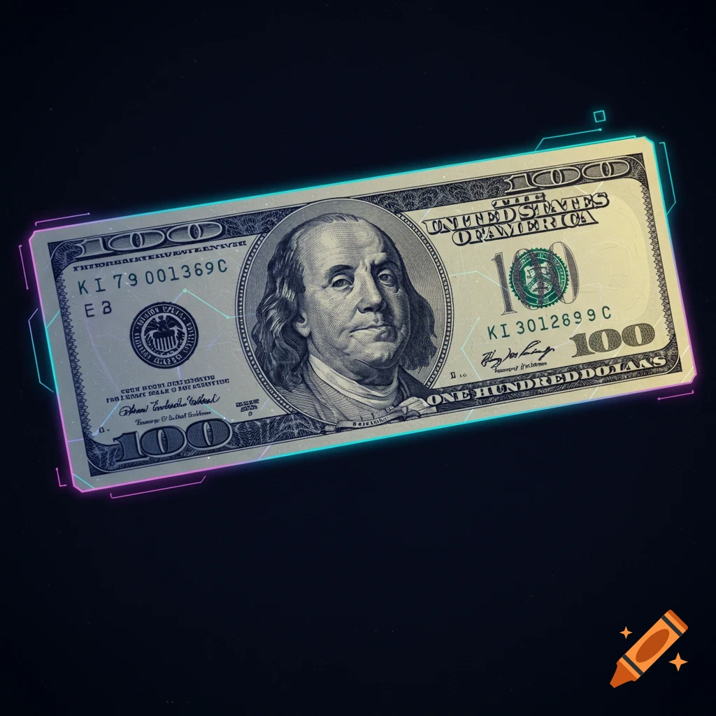 A futuristic design of a US one hundred dollar bill against a dark background with neon accents.