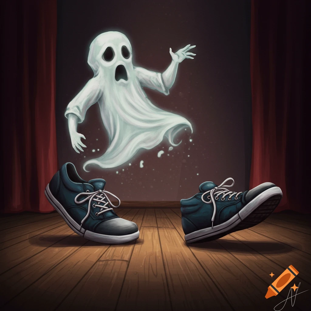 A cartoon ghost floats above two dancing shoes on a wooden stage with red curtains.