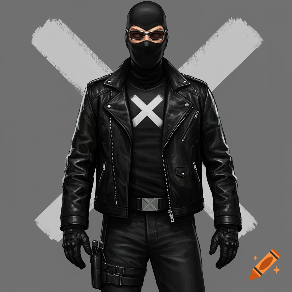 A man in black mask, leather jacket with white X, and tactical gear stands in front of a white X background.