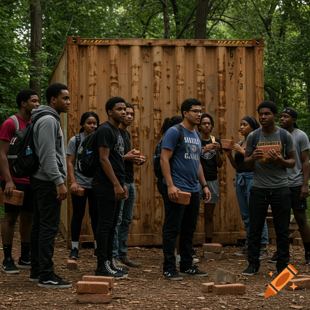 Black college students with bricks and backpacks stand in front of a shipping container in a forest