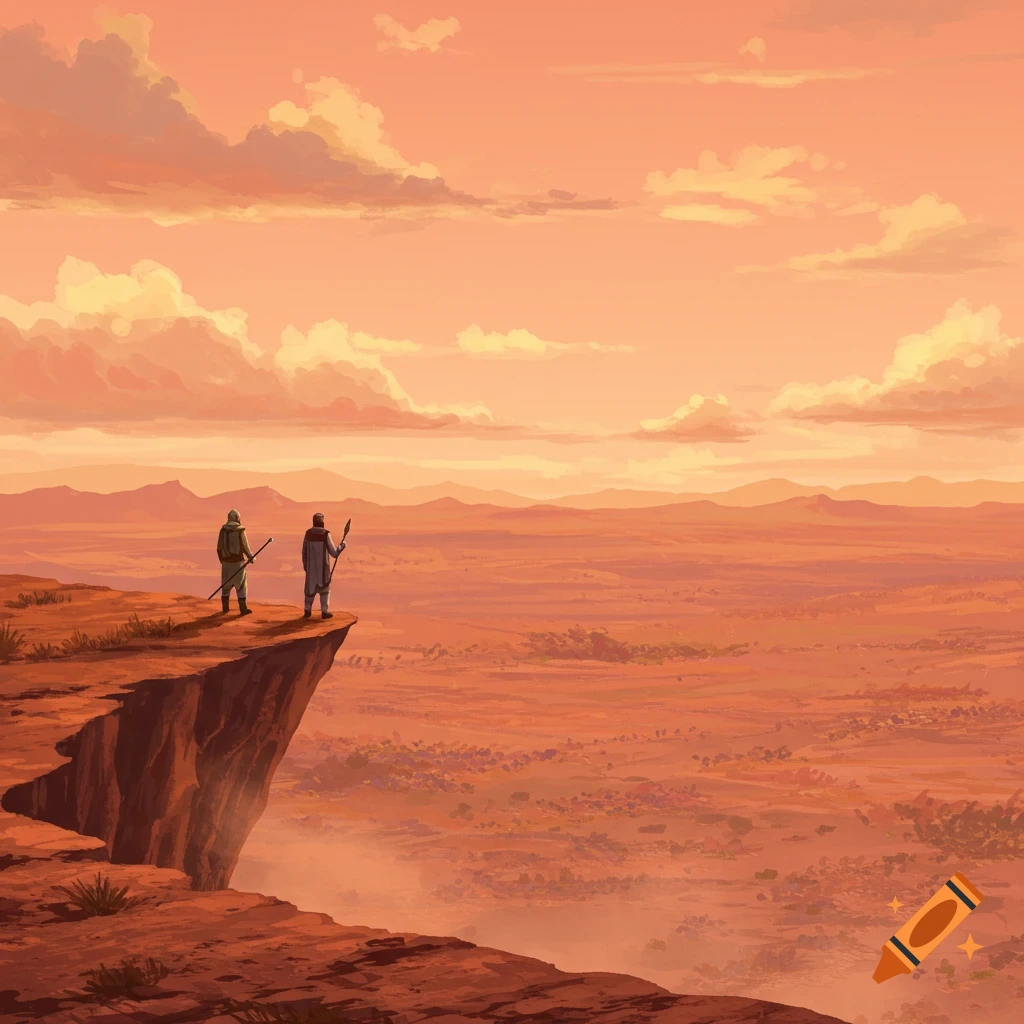 Two figures stand on a cliff overlooking a vast, hazy orange desert landscape under a cloudy sky.