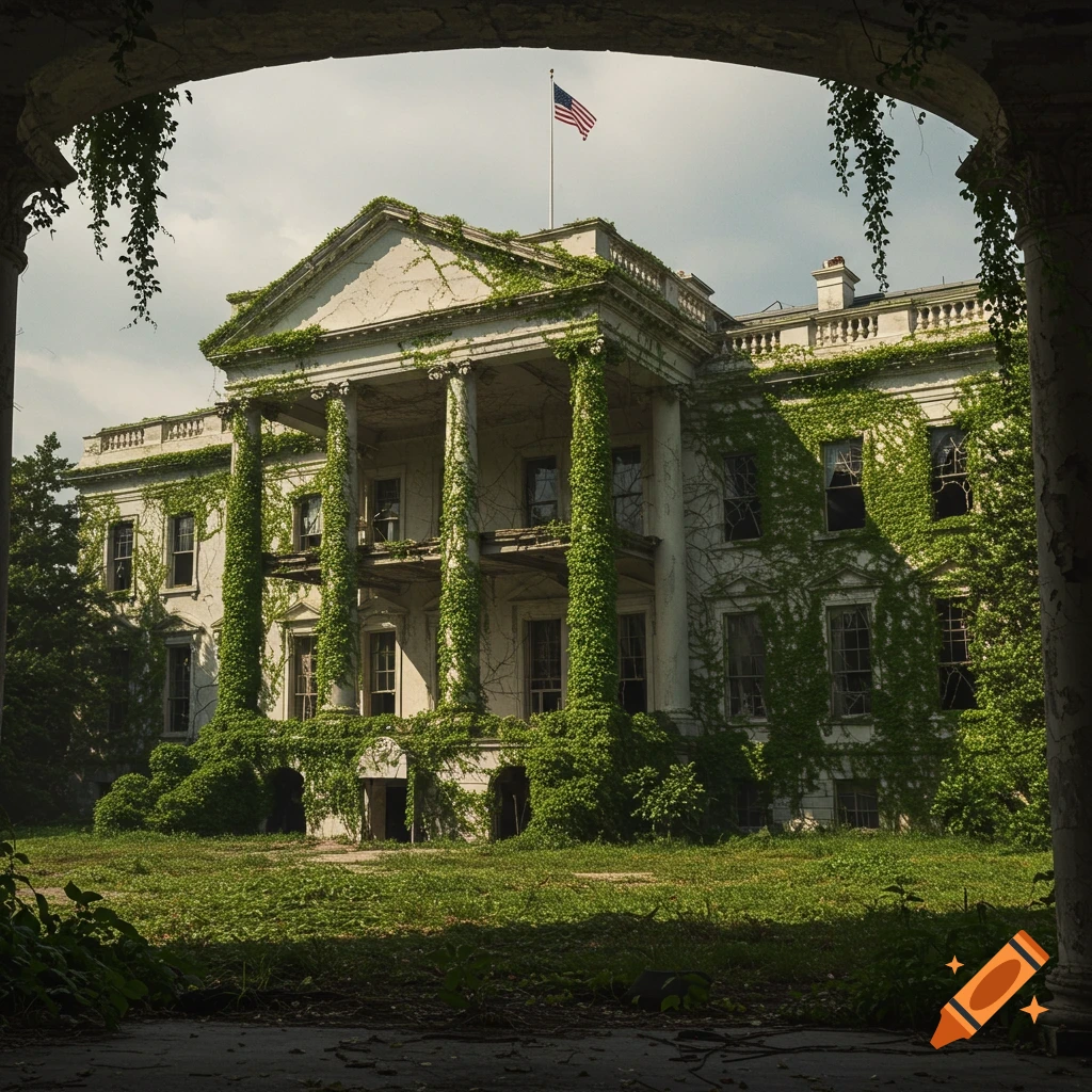 The US White House building overgrown with vines, looking abandoned in a photorealistic style.