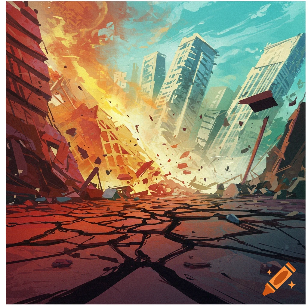 A city collapsing during an earthquake with crumbling buildings and cracked ground.