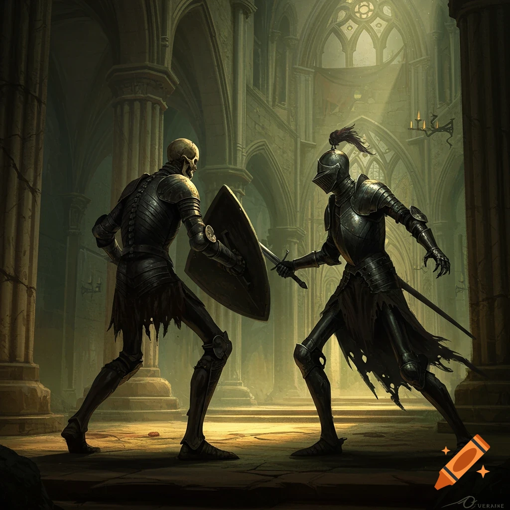 Two skeletal knights battle in a large gothic hall.