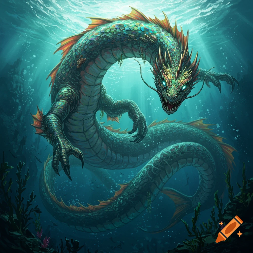 A large sea monster with glowing eyes swimming underwater.