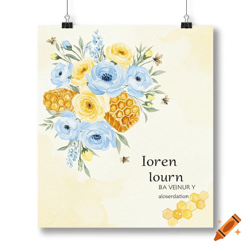 Watercolor illustration of a bouquet of blue and yellow flowers with honeycomb and bees on a poster.