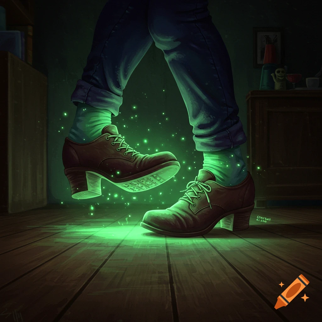 Enchanted brown shoes glowing green and floating above a wooden floor in a dark room.