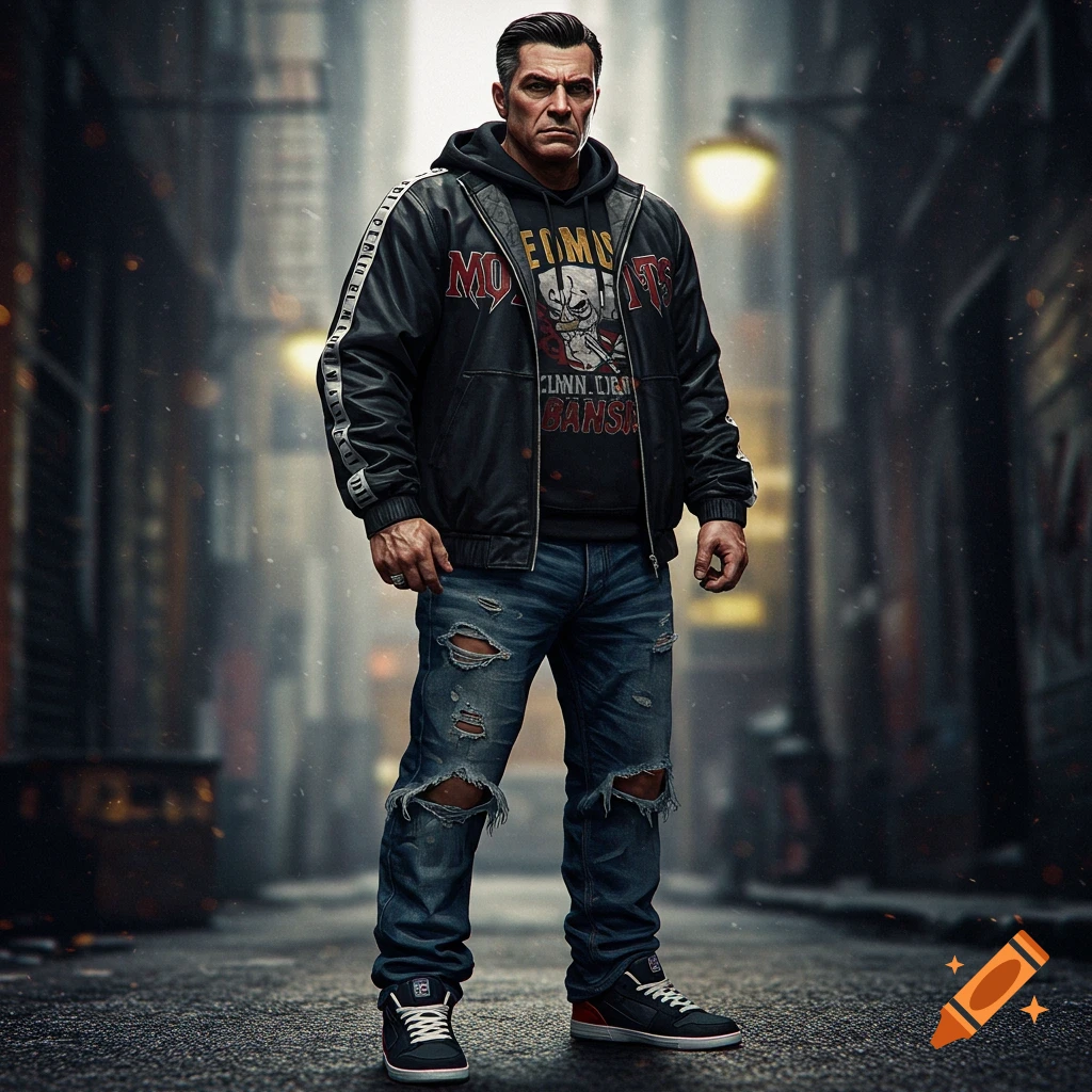 A man in a black hoodie and ripped jeans stands in an urban alley.