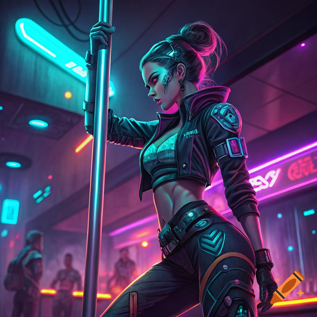 Cyberpunk woman pole dancing in a club with neon lights