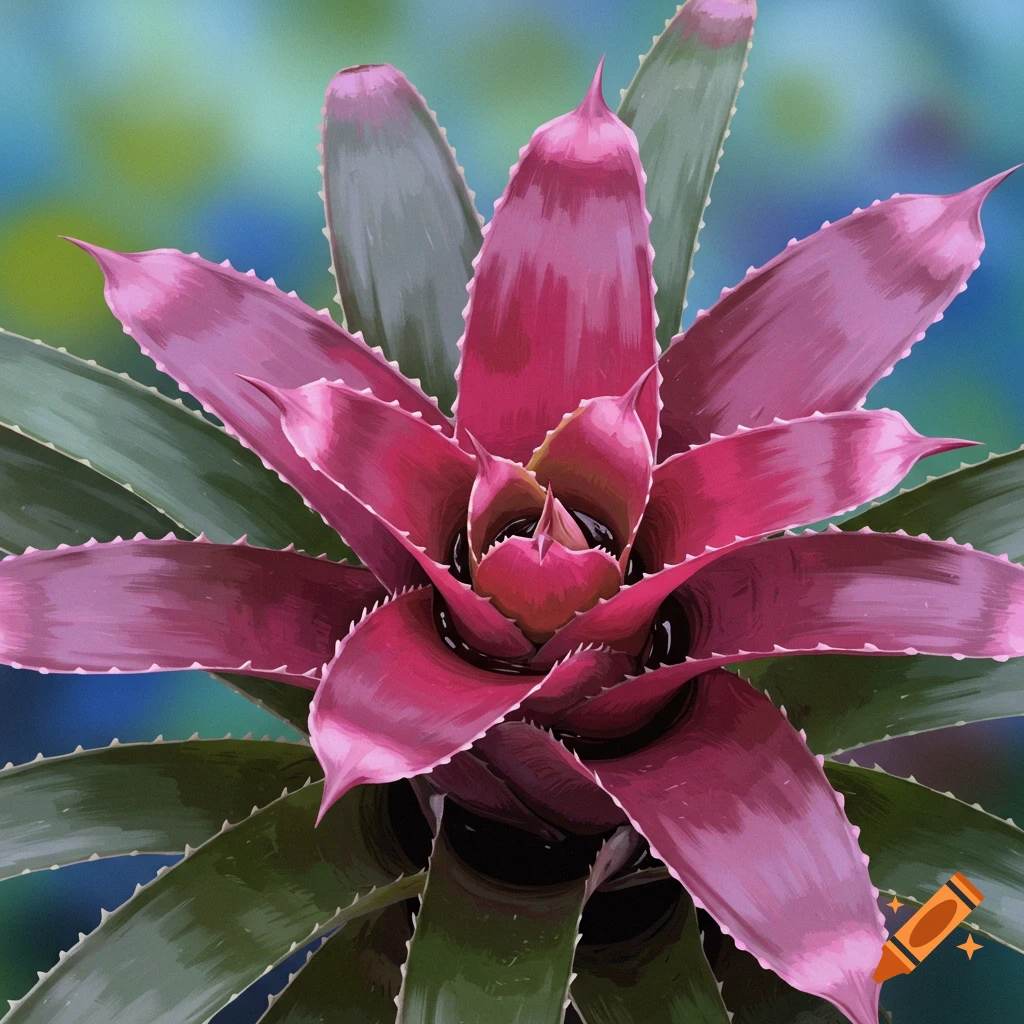 A close-up image of a vibrant pink and green bromeliad plant from above.