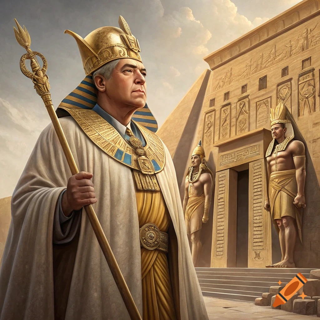 A man dressed as a pharaoh stands before an ancient Egyptian temple and pyramid.