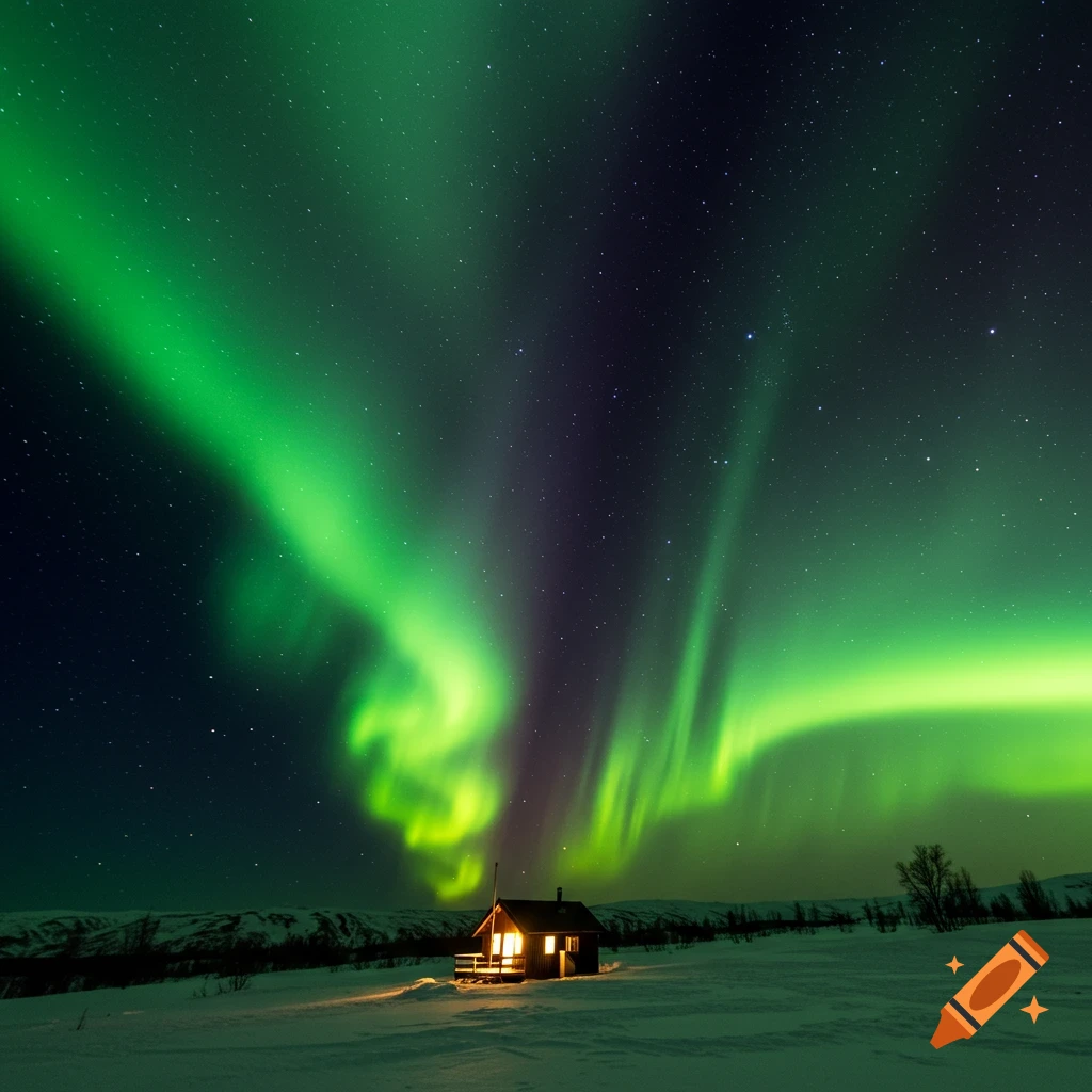 A cabin glows under the vibrant green and purple Northern Lights in a snowy landscape at night.