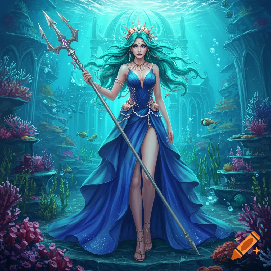 A sea queen with teal hair and a blue dress, holding a trident in an underwater kingdom.