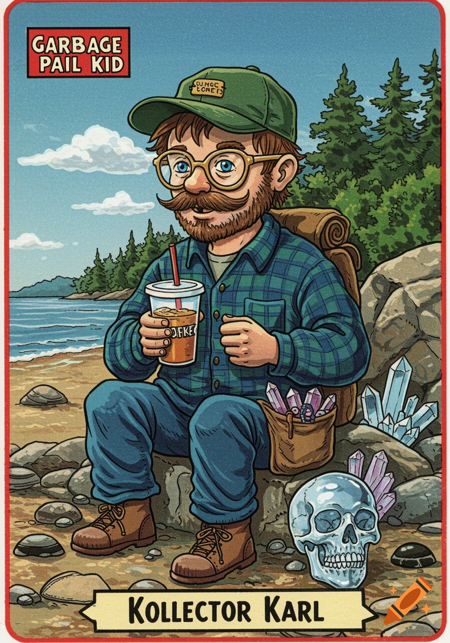 Garbage Pail Kid trading card illustration of Kollector Karl, a man with mustache and glasses, sitting on a beach with crystals and a skull.