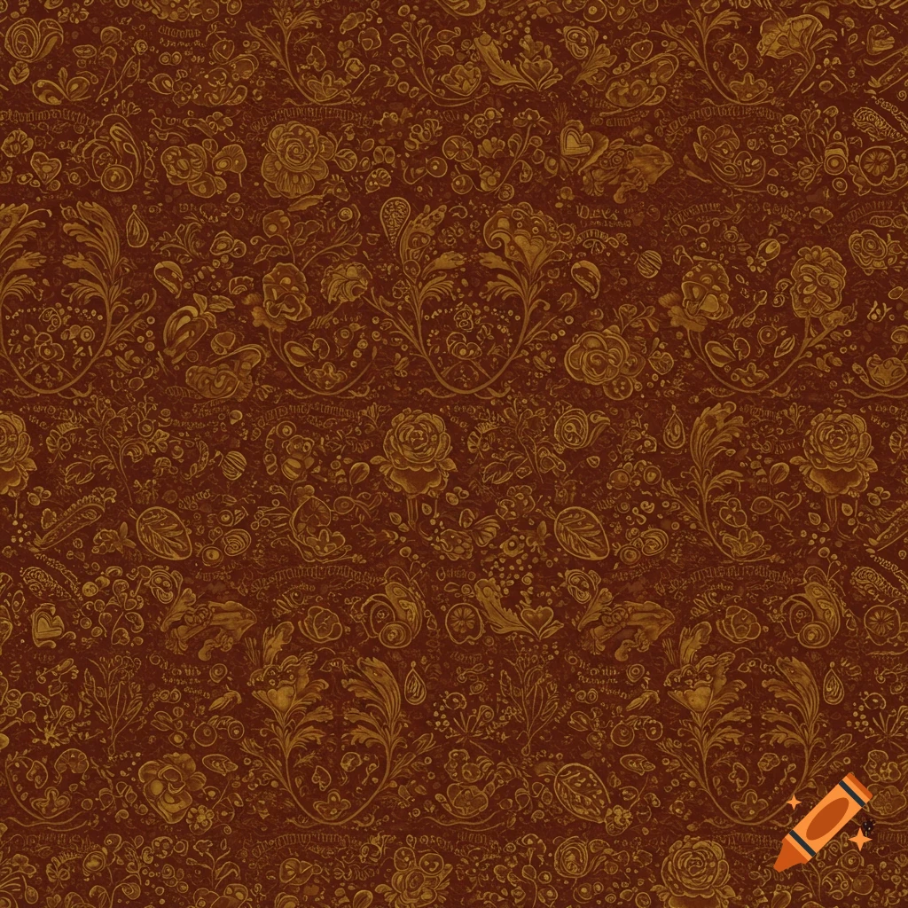 Seamless gold Victorian floral pattern on a deep red background.