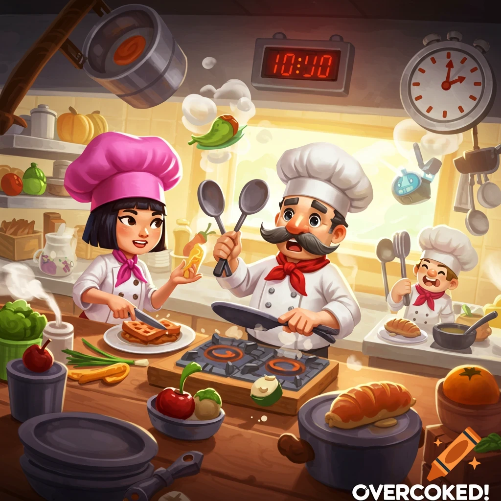 Cartoon chefs frantically cooking in a busy kitchen scene.
