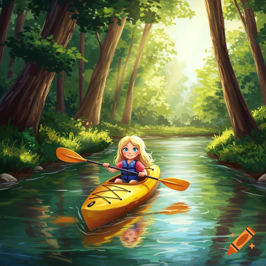 A young blonde girl kayaking on a river in a forest.