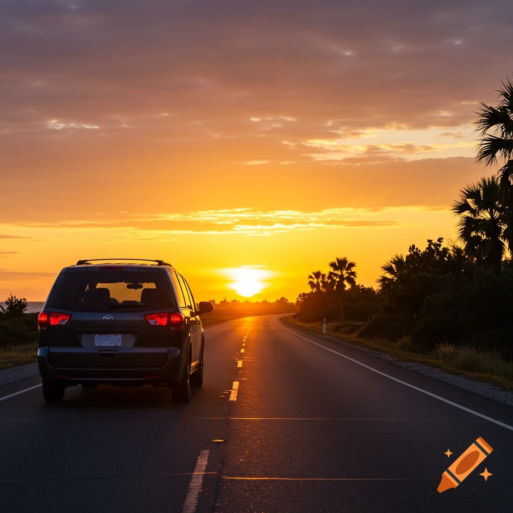 A dark car drives away down a road toward a bright orange sunset, with palm trees on the side.