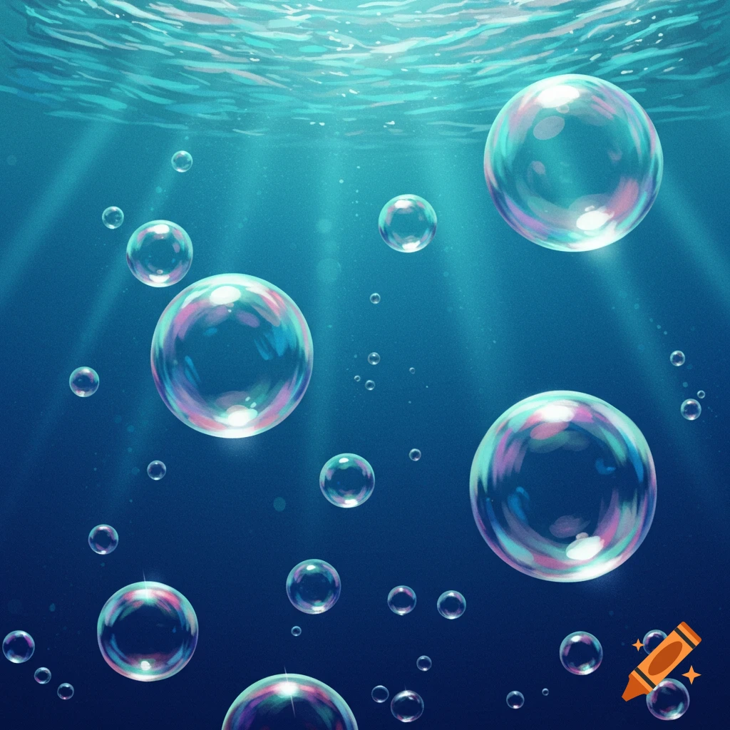 Iridescent bubbles float underwater with sun rays shining down.
