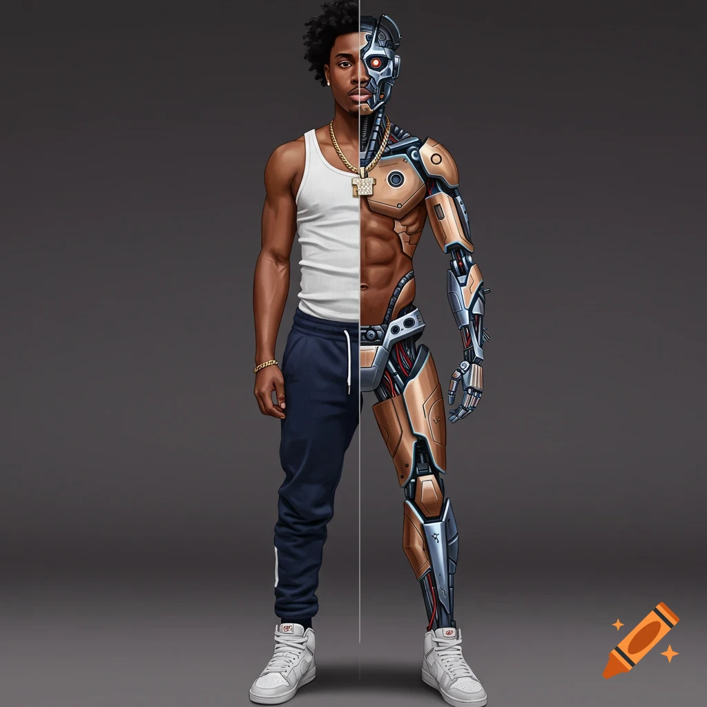 A man split vertically, one side human in urban streetwear, the other a cyborg.