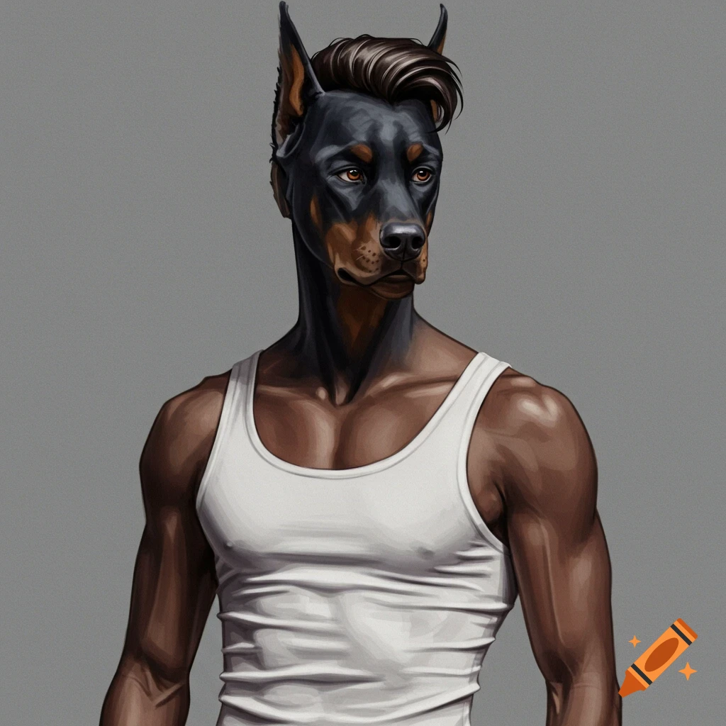 An anthropomorphic Doberman man with a muscular build wearing a white tank top.