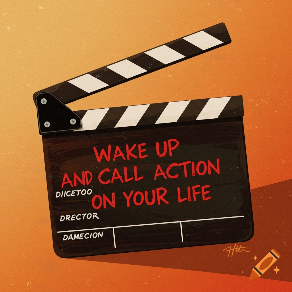 In mid-century modern style, a black clapperboard displays the red text "WAKE UP AND CALL ACTION ON YOUR LIFE".
