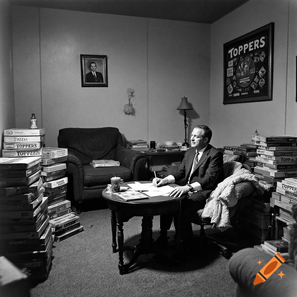 Black and white photo of a man sitting at a desk surrounded by tall stacks of pizza boxes in a room.
