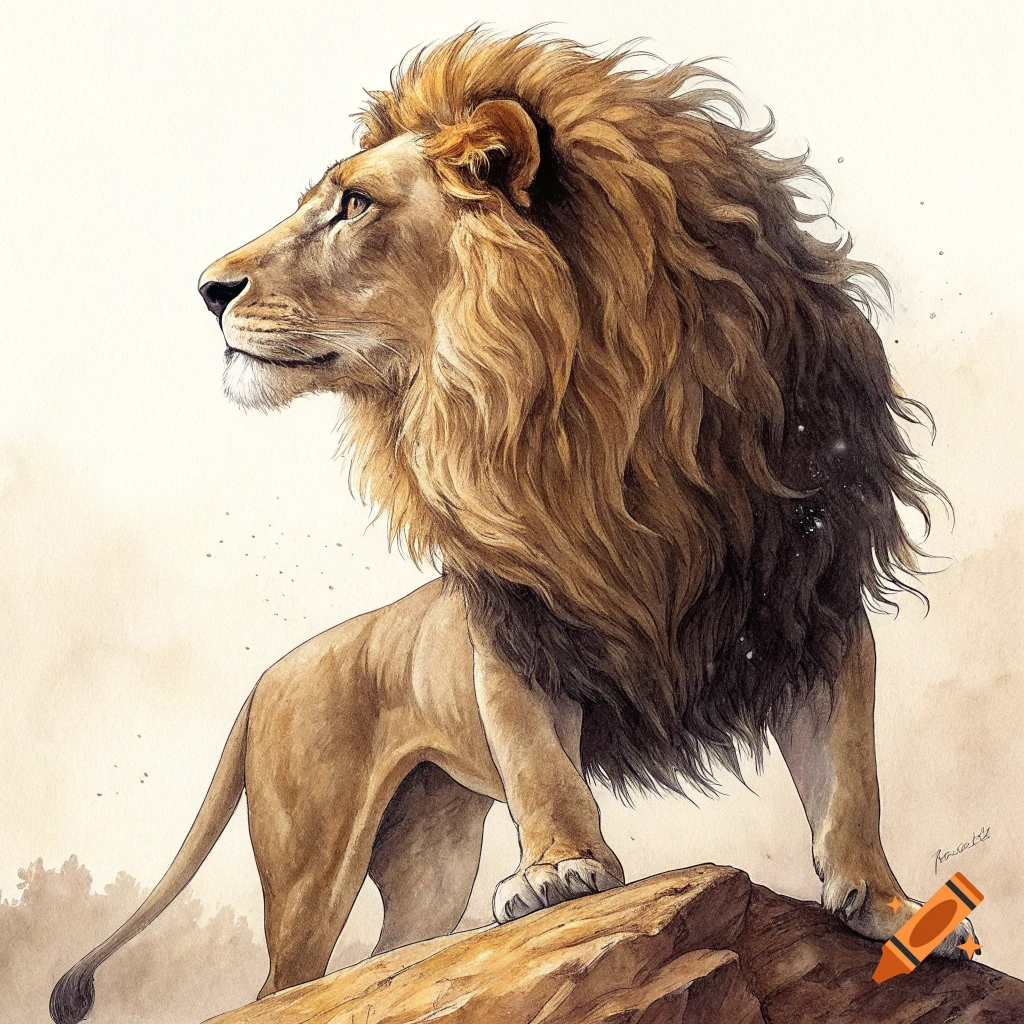 A majestic lion with a thick mane stands on a rock, looking left, rendered in watercolor style.