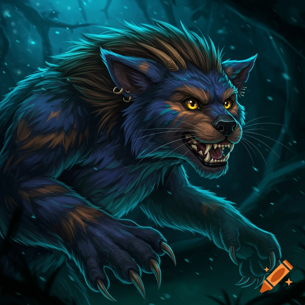A blue and brown furry worg or werewolf creature with glowing yellow eyes in a dark forest.